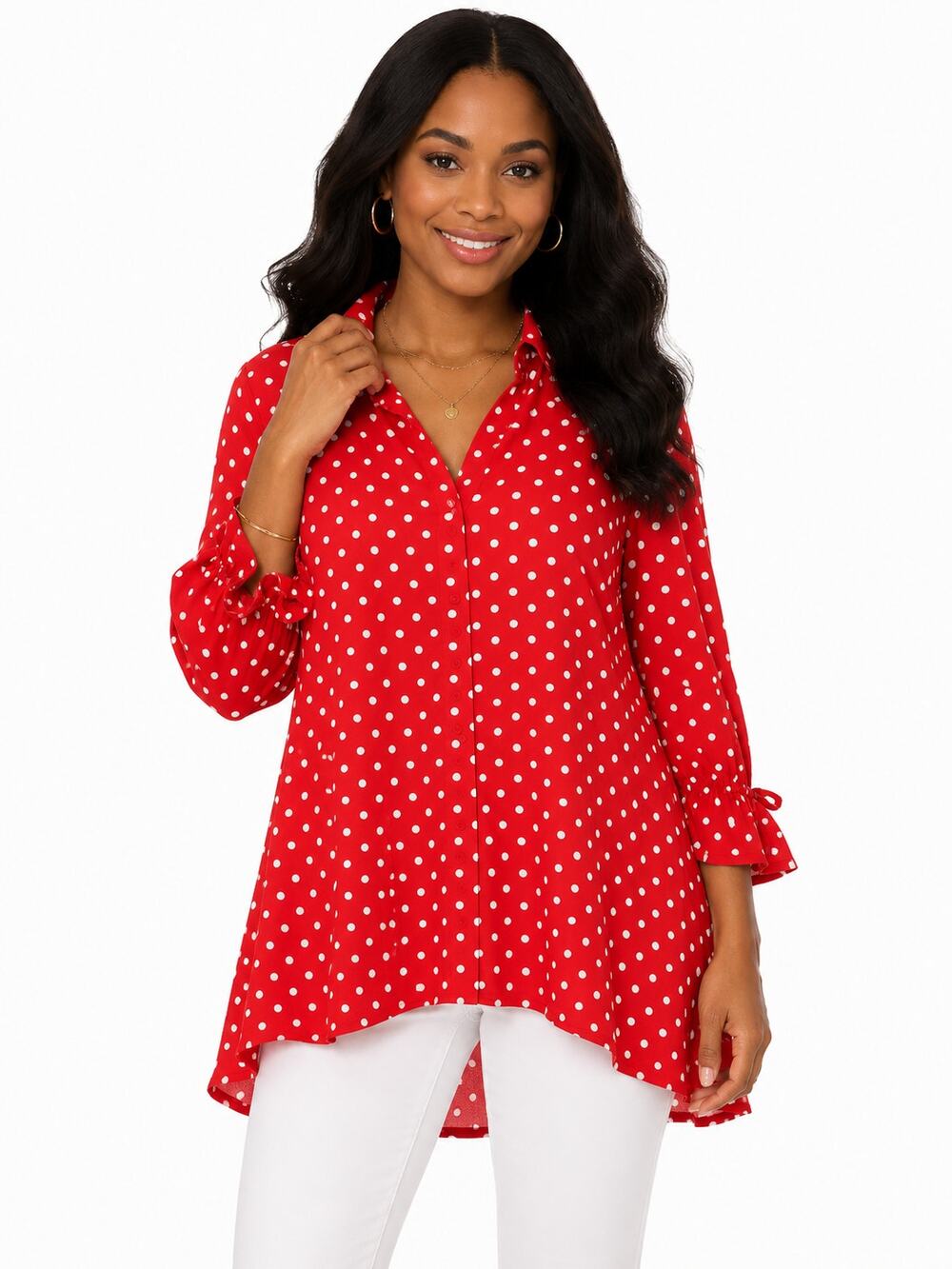 Susan Graver Women’s XLP Red White Polka Dot Tunic Blouse Button Front Top